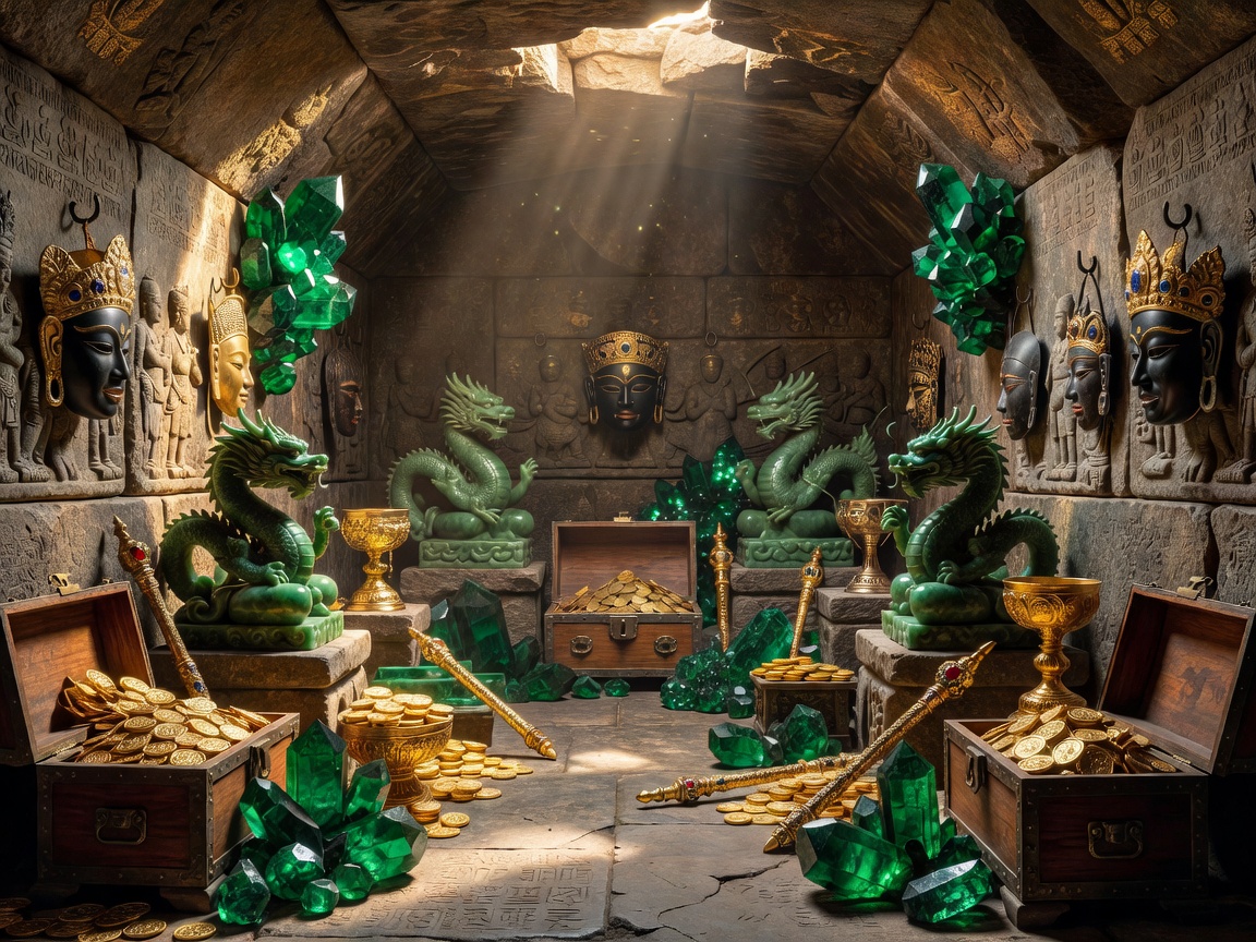 A luxurious hidden treasury filled with polished jade statues, emerald crystals, gold artifacts, ceremonial masks, and ancient stone craftsmanship