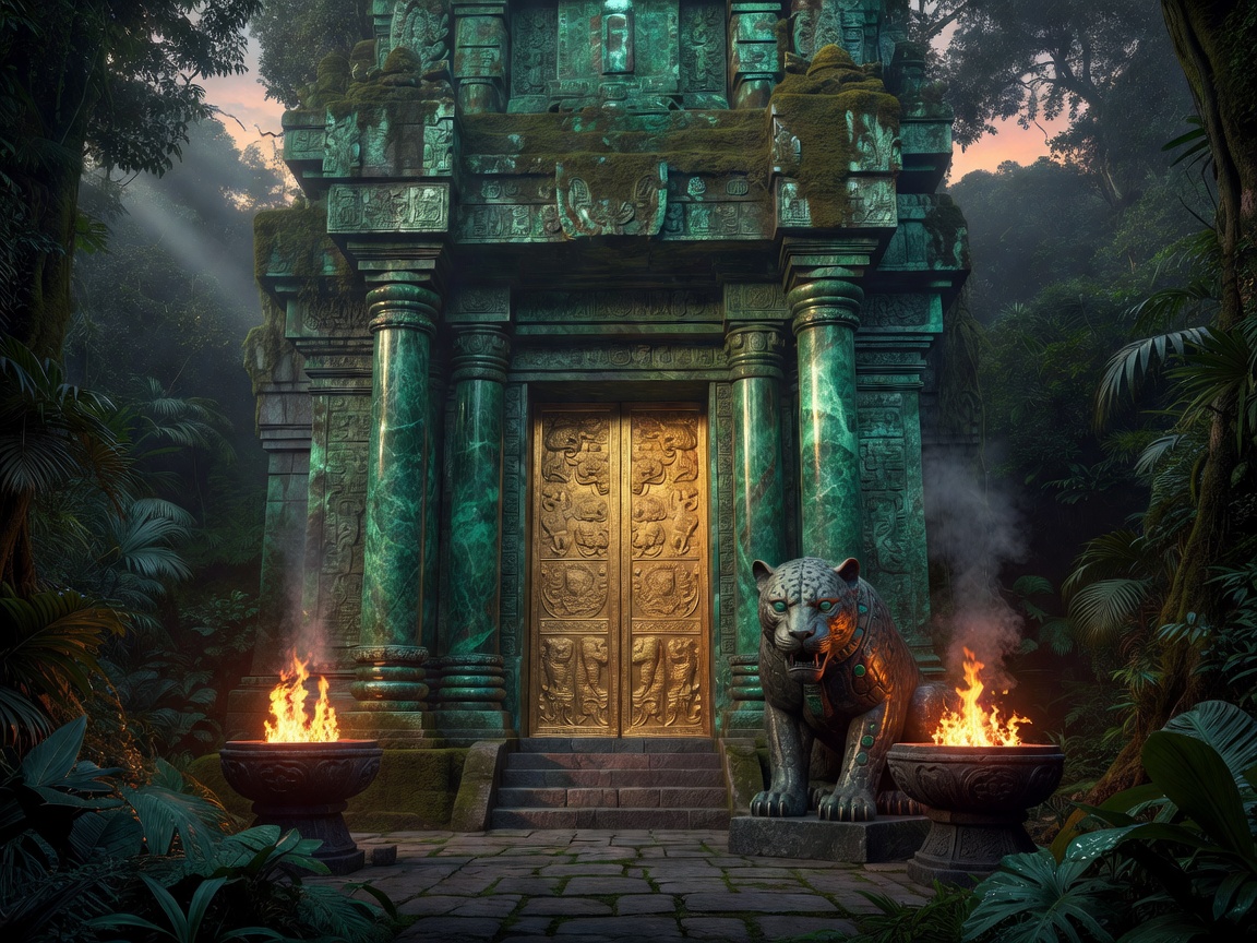 A magnificent emerald temple entrance with carved stone architecture, jade columns, golden ceremonial doors, sacred fire bowls, and a majestic stone jaguar guarding the entrance
